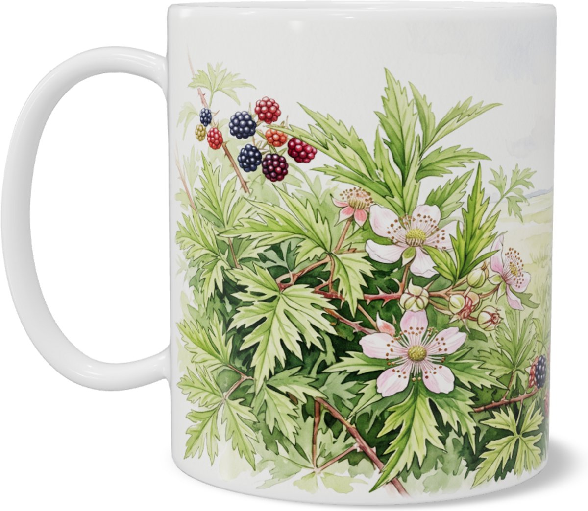 Mok peterseliebraam Rubus laciniatus bramenstruik in klassiek polderlandschap aquarel