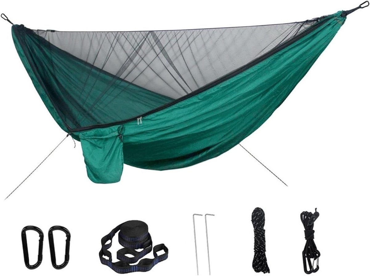 Travel Hammock Double Person Mosquito Net Hammock Easy to Set Up 290 * 140cm With 2 Tree Straps Portable Hammock For Camping Travel Yard(Dark green)
