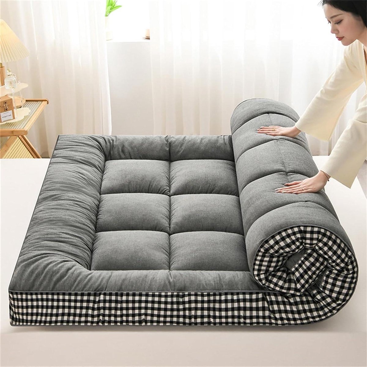 Japanse vloermatras - Dikke futon oprolbaar - Ruimtebesparend slapen - Traagschuim middenlaag - 80 x 200 cm - Grijs