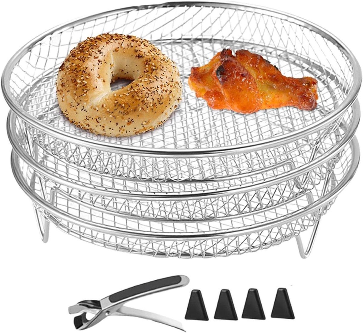 Airfryer rek - Grillmand stapelbaar - Extra kookruimte - Voedselveilig staal - 3 stuks - Zilver