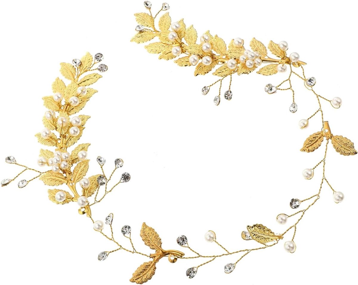 Hoofdband Parel - Haardecoratie Bruid - Feestelijke Gelegenheid - Met Bladgoud - 47 cm - Goud
