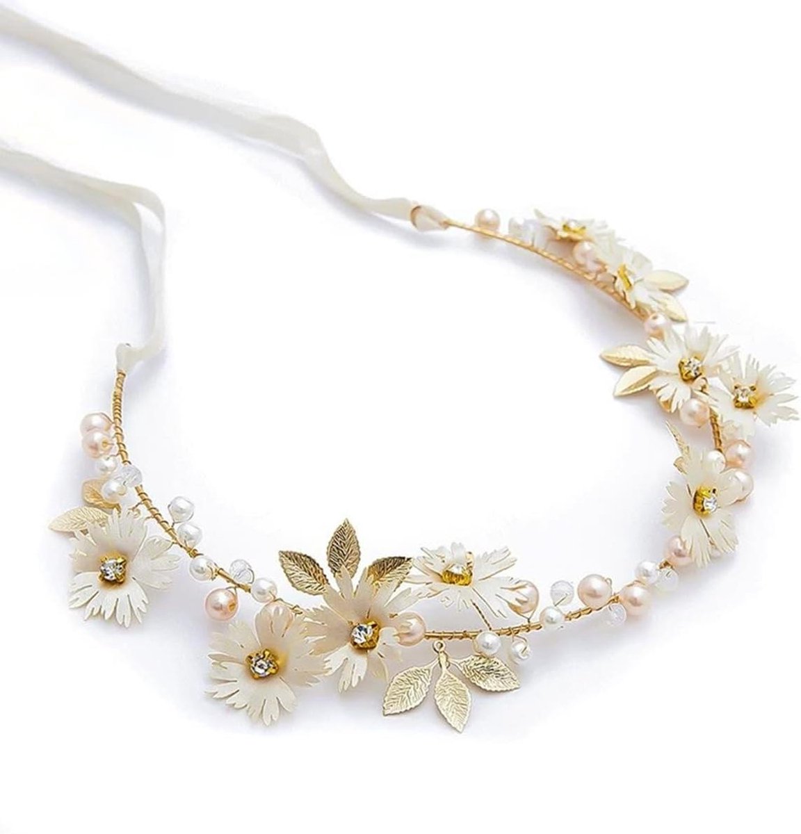 Bruidshoofddeksel - Bloemen kroon - Feestelijke look - Verstelbare pasvorm - 28 cm band - Wit