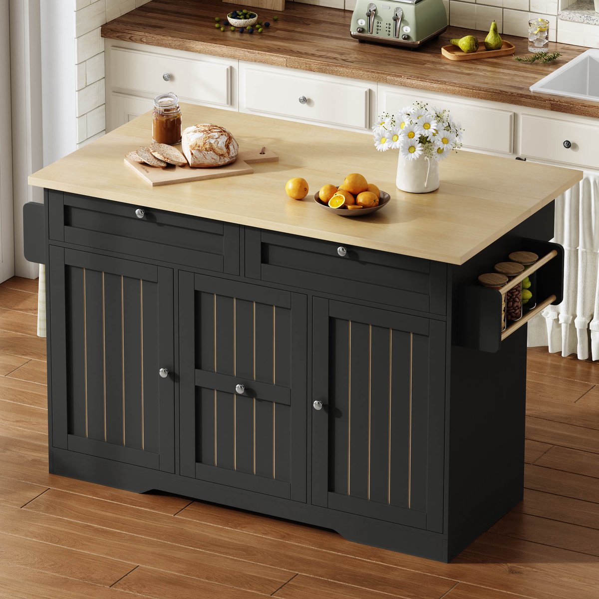 Keukenkast - Klapbare Werkbladverlenging - 120 x 45(70) x 92 cm - MDF - Zwart - Keukenwagen met Wielen
