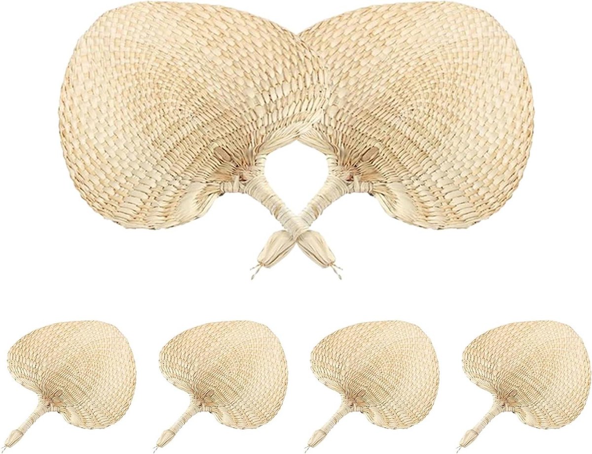 Raffia Handventilator - Natuurlijke Ventilator - Decoratie en Koeling - Handgeweven Ambacht - 6 Stuks - Natuurlijk
