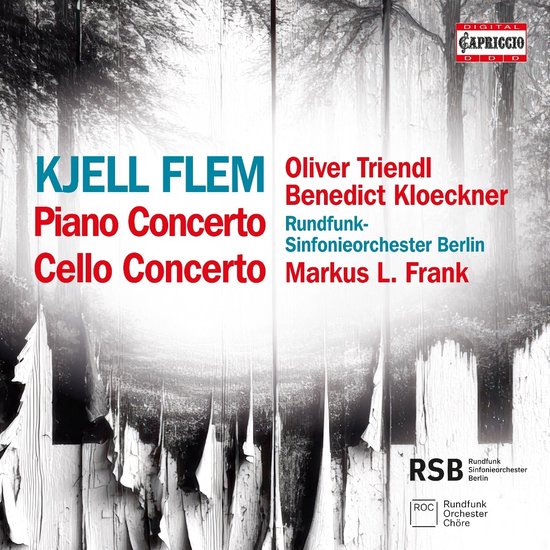 CD-hoes met tekst 'Kjell Flem Piano Concerto' en 'Cello Concerto', namen van artiesten en orkest, en abstracte witte en grijze achtergrond.