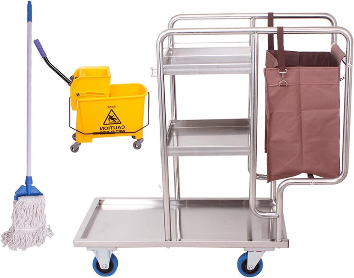 Schoonmaak Kar - Mobiel Wagen - Efficiënt Schoonmaken - Roestvrij Staal - 102cm Lengte - Zilver