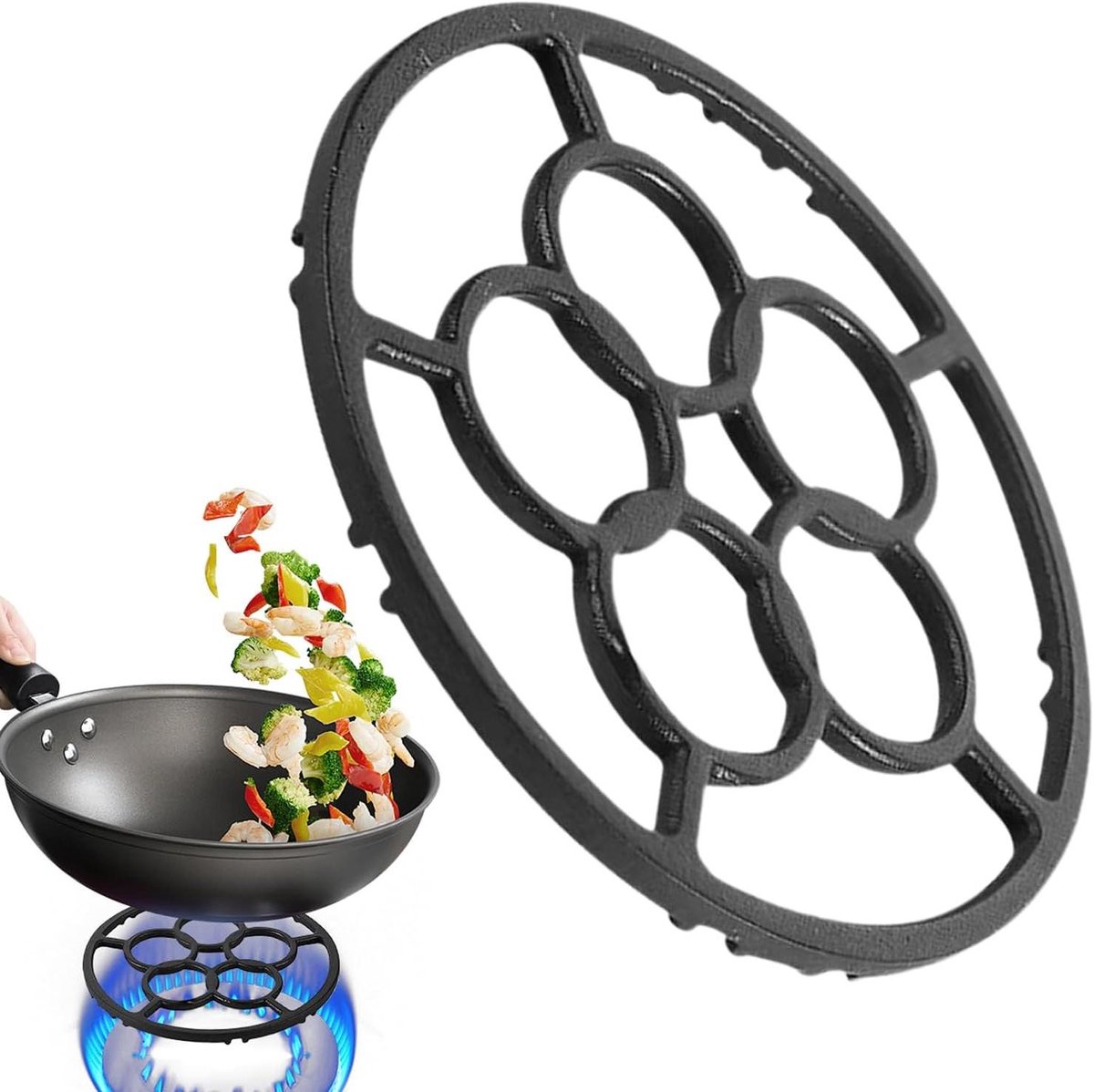 Gietijzeren Wok Ring Kookplaat Ondersteuning Stabiel Koken Antislip Ontwerp 18.2 cm Diameter Zwart