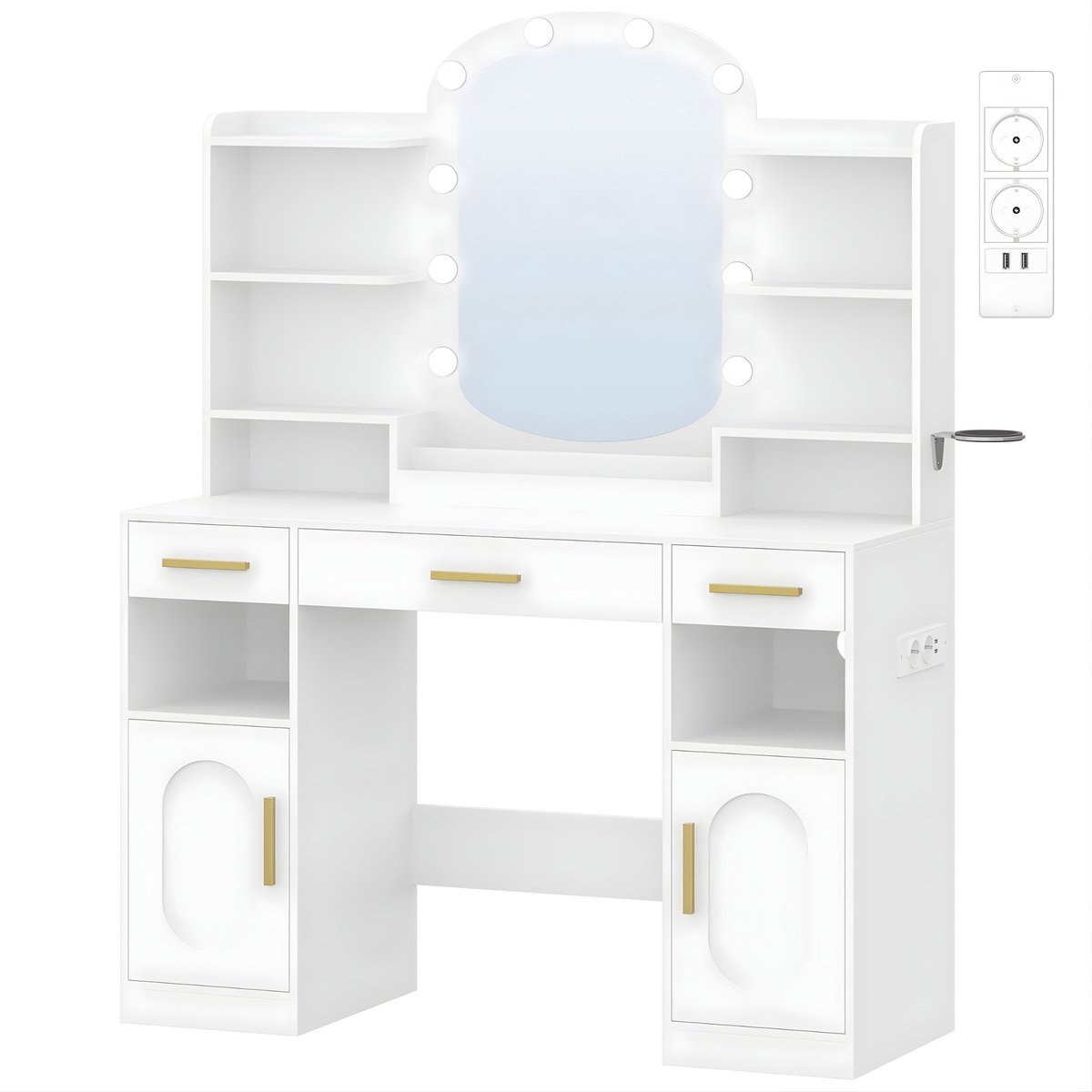 Happiq Kaptafel – Voor Slaapkamer & Dressing – Met Ovale Spiegel, Föhnhouder, 3 Lades, 2 Opbergkasten en Open Vakken – Wit White