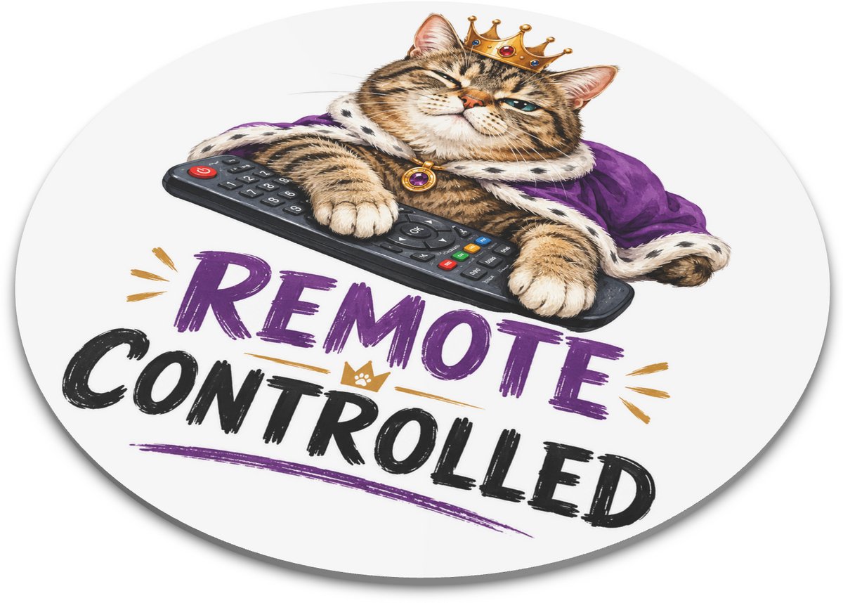 Ronde muismat koning kat met afstandsbediening - Remote Controlled quote - Grappige gouache illustratie - Komisch cadeau voor kattenbaasje of woonkamer - Bureau onderlegger thuiswerkplek - 22x22 cm