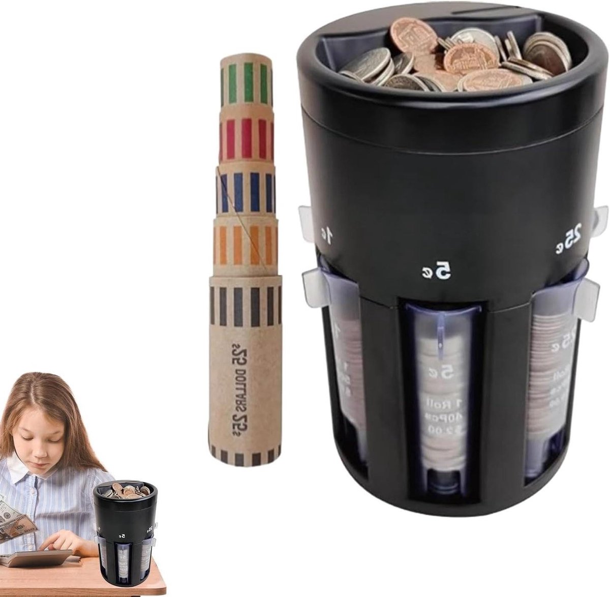 Coin Cannon, Coin Counter, Coin Holder and Roll with Packaging, Portable Money Holder for Schools, Shopping Malls, Restaurants