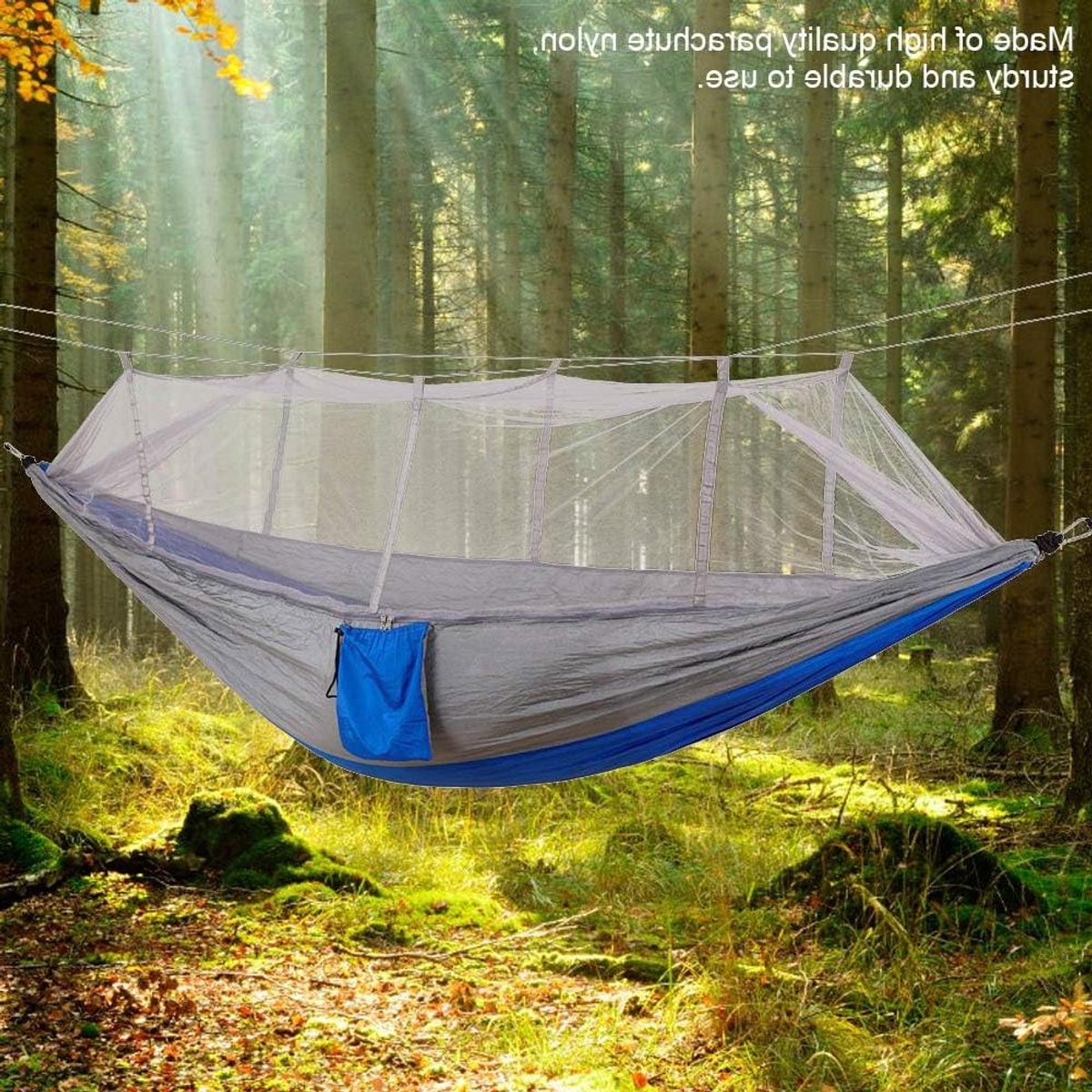 Hangmat met Klamboe - Kampeer Hangmat - Buiten Ontspannen - Inclusief Ophangmateriaal - 260 x 140 cm - Grijs en blauw