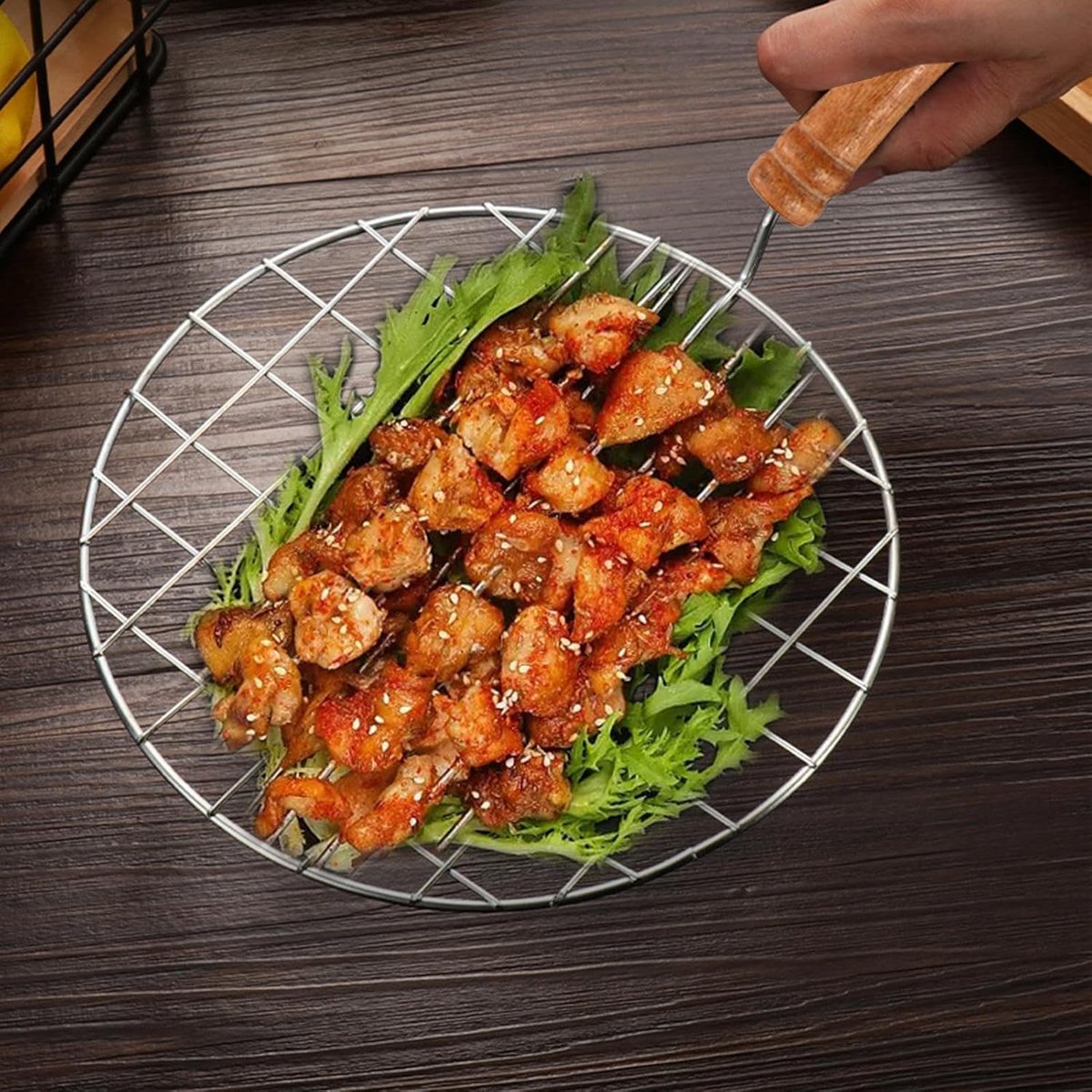 Draadbraadstandaard - Grillnet met handvat - Bakken en grillen - Anti-verbrandingsbescherming - 19 cm diameter - Houten handvat