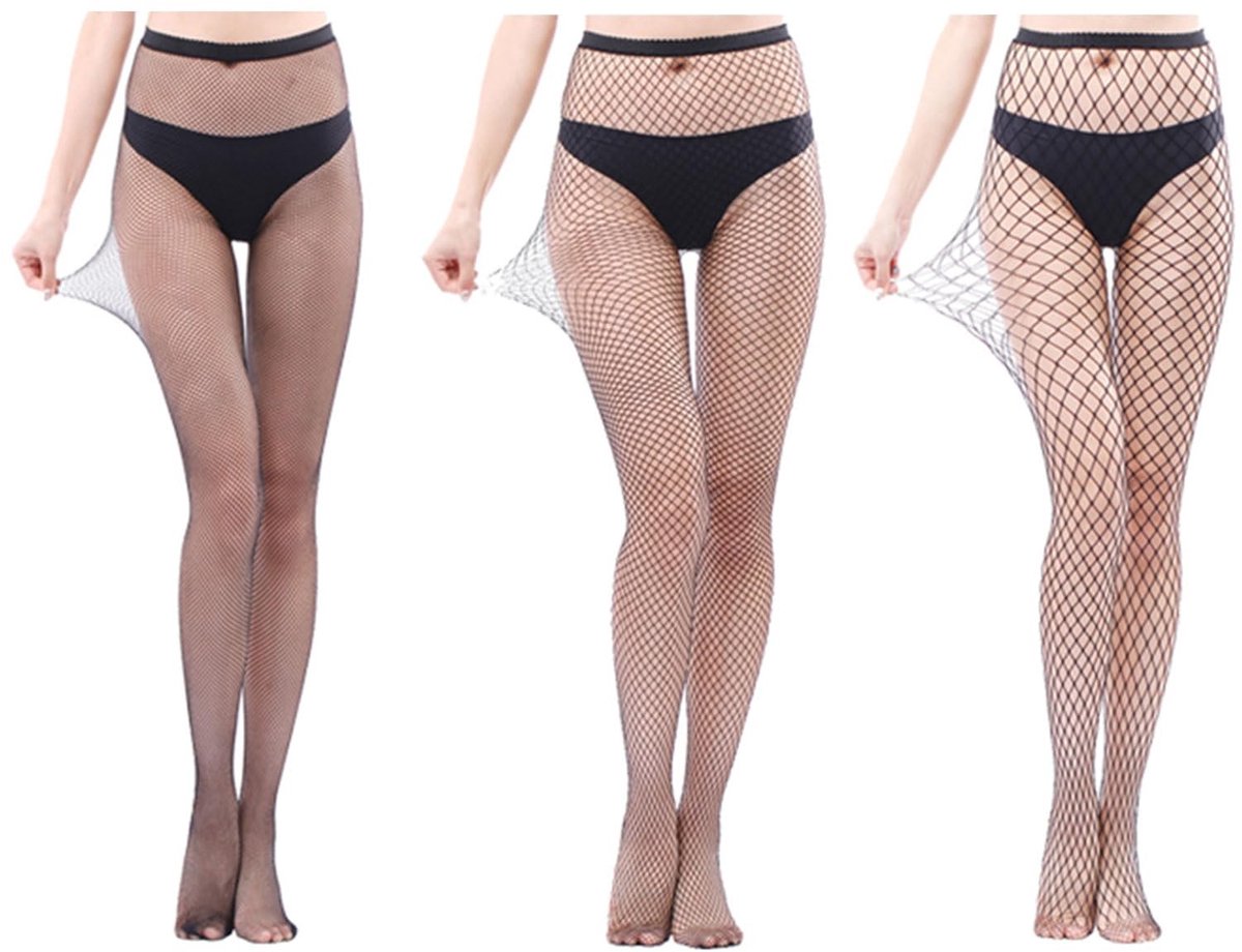 Dailygoods - Zwarte Visnet Kousen Set van 3 voor Dames