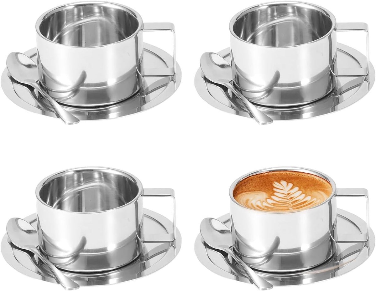 Dailygoods - Set van 3 Dubbelwandige Roestvrijstalen Koffiekopjes