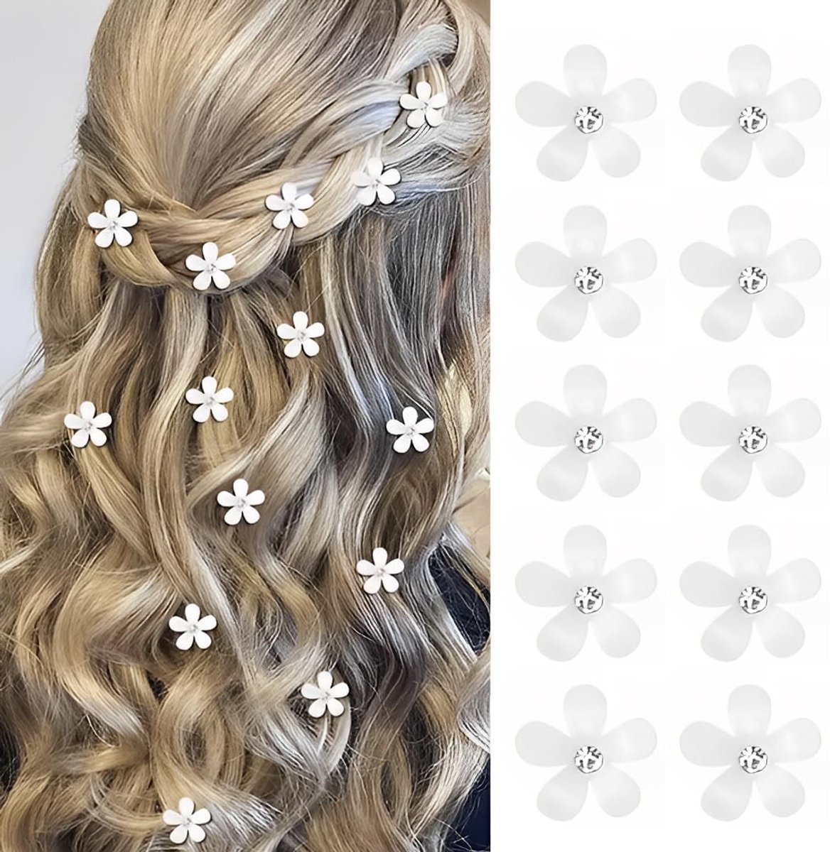 Dailygoods - Set van 10 Decoratieve Haarspelden met Witte Bloemen en Strass