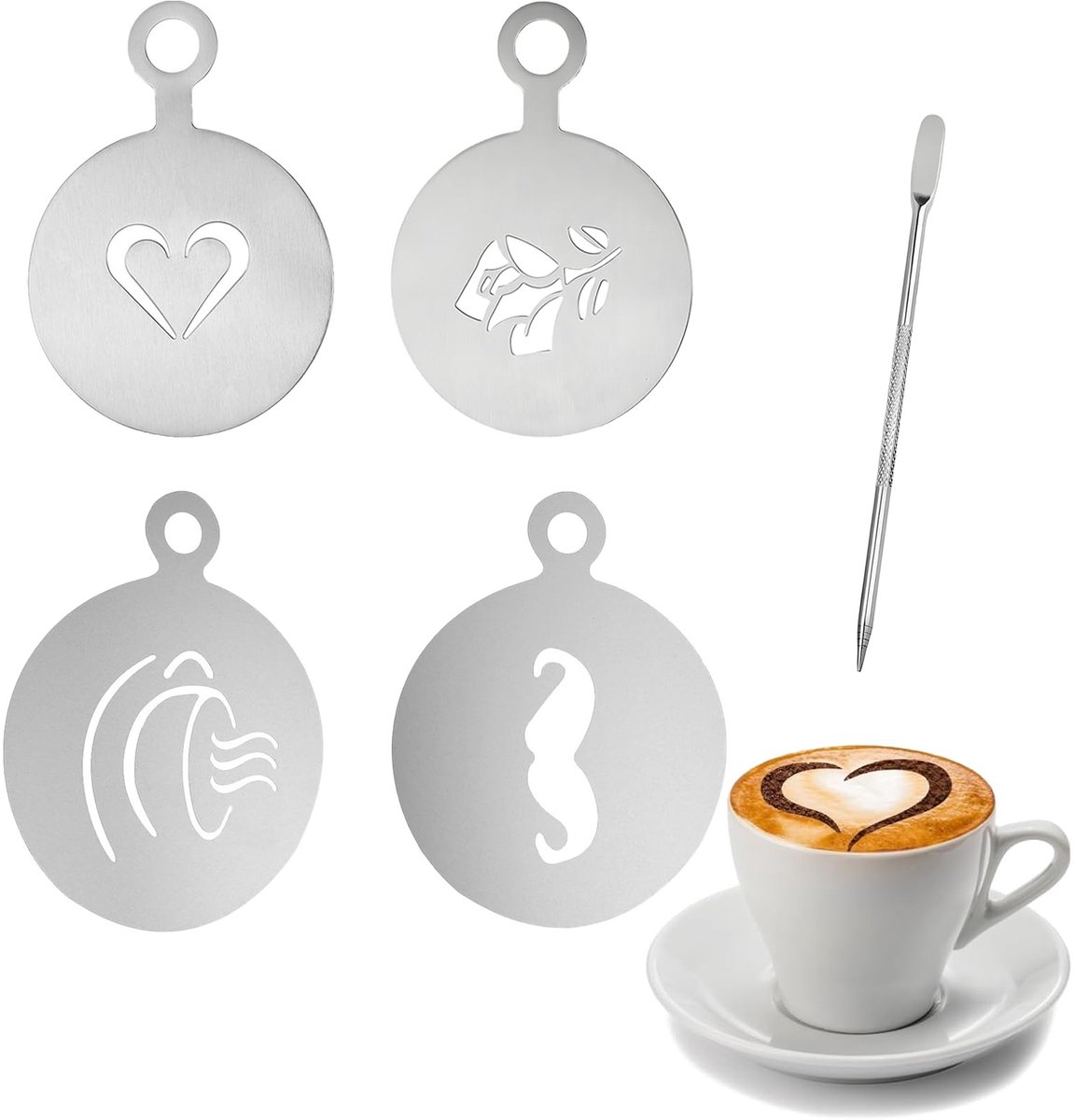 Dailygoods - Set van 4 Roestvrijstalen Koffiesjablonen met Latte Art Pen
