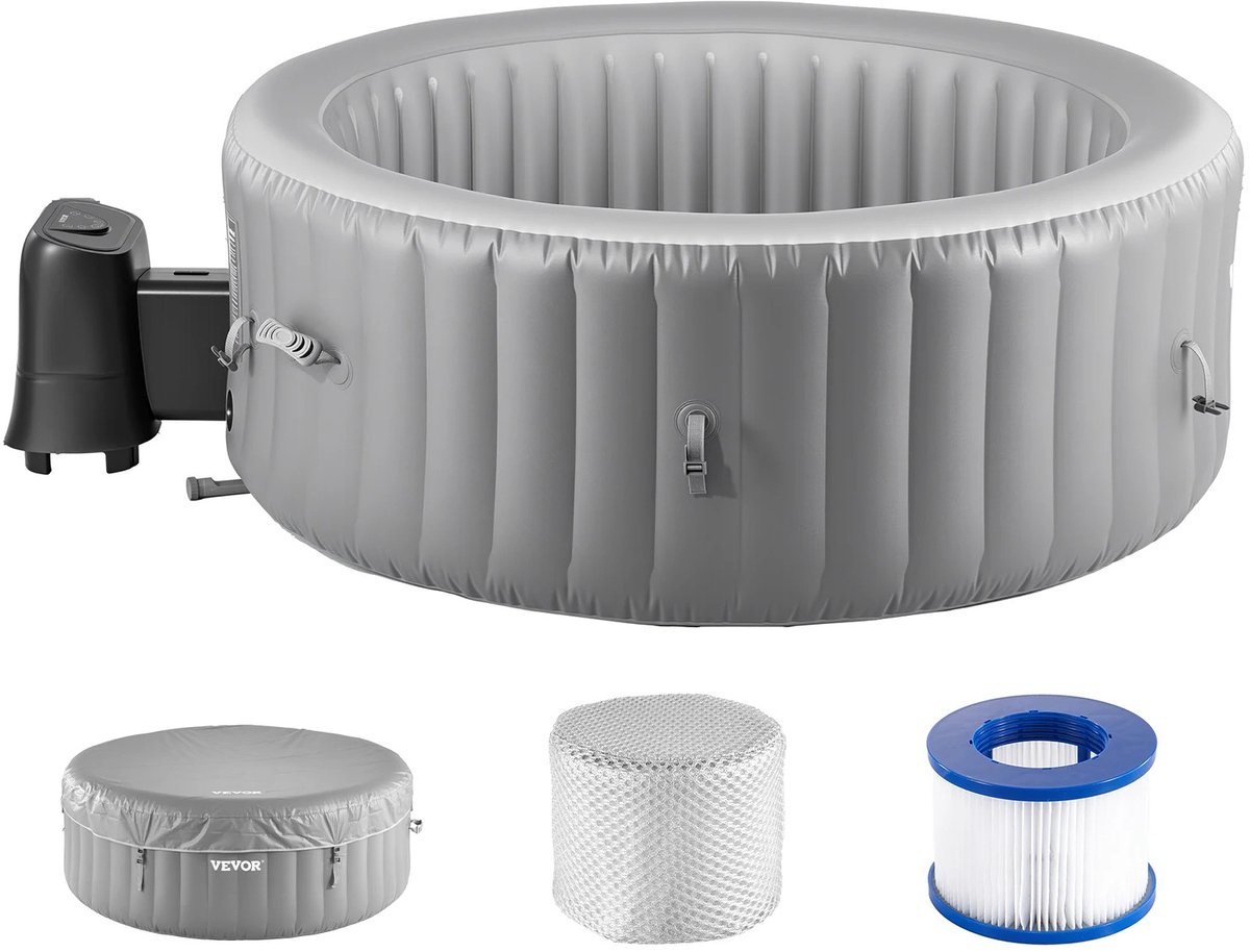 VIVERO - Opblaasbare Jacuzzi - Opblaasbaar Bad - Hottub - Jacuzzi - Kalmerende bubbels - Inclusief deksel en anti-slip mat - Kleur grijs - 216 x 66 cm