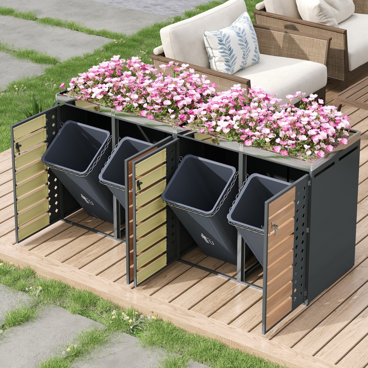 Re-purelife® Containerberging voor 4 vuilnisbakken met plantenbak - afsluitbaar, 4 deuren, houtlook panelen, diamantvormige ventilatie, staal, grijs/houtkleur, 264×80×124,58 cm