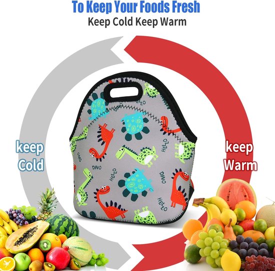 Dinosaurus Lunchtas - Isolerende Tas - Maaltijd Meenemen - Waterdicht Neopreen - 29 x 14 x 28 cm - Grijs — afbeelding 3