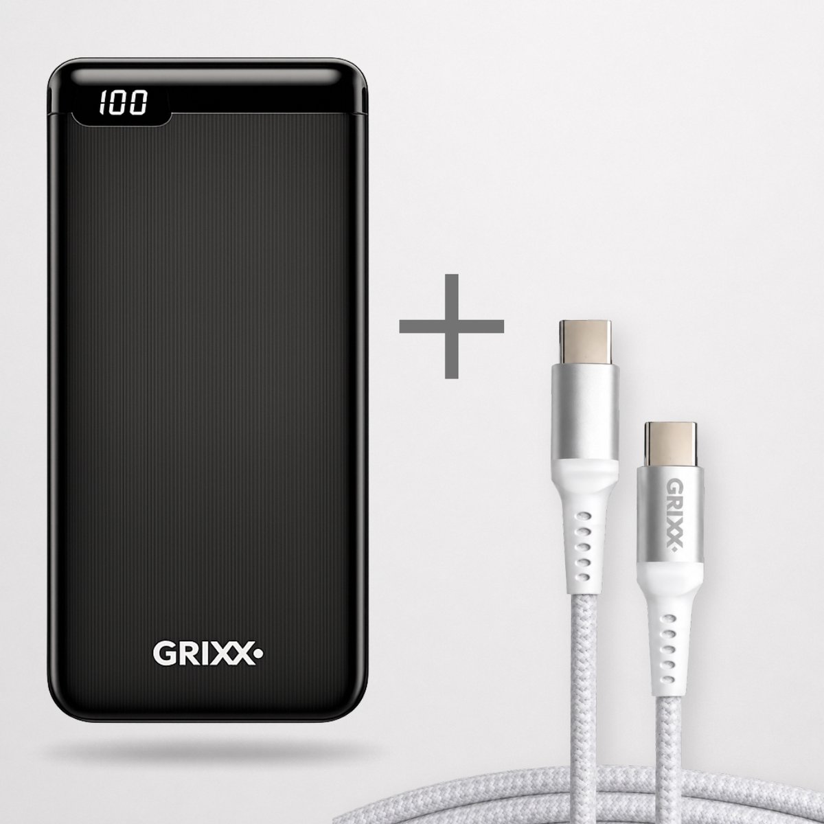 GRIXX Powerbank Bundel 20.000 mAh met USB-C Kabel 2 Meter – 18W Power Delivery – Snelladen – Noodpakket – Voor iPhone, Samsung & USB-C Smartphones – Zwart