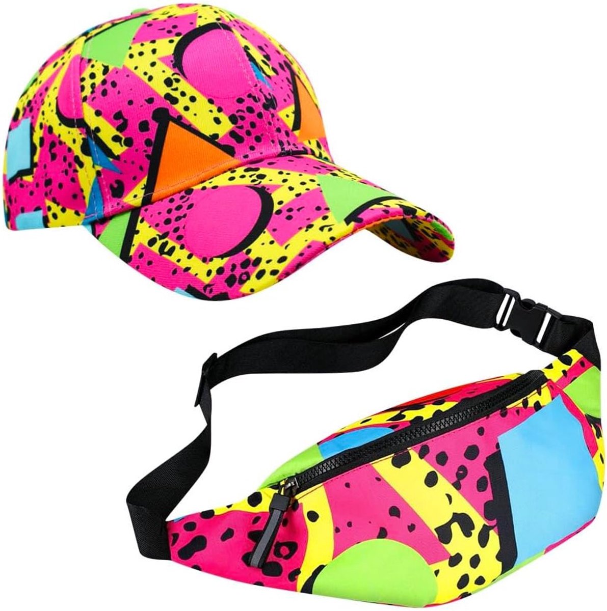 Retro Fanny Pack en Baseball Cap Set voor Feestjes - Neon Kleding voor Rave, Reizen en Thema Party's, Roze, One Size, Vintage Stijl uit de Jaren 80 en 90