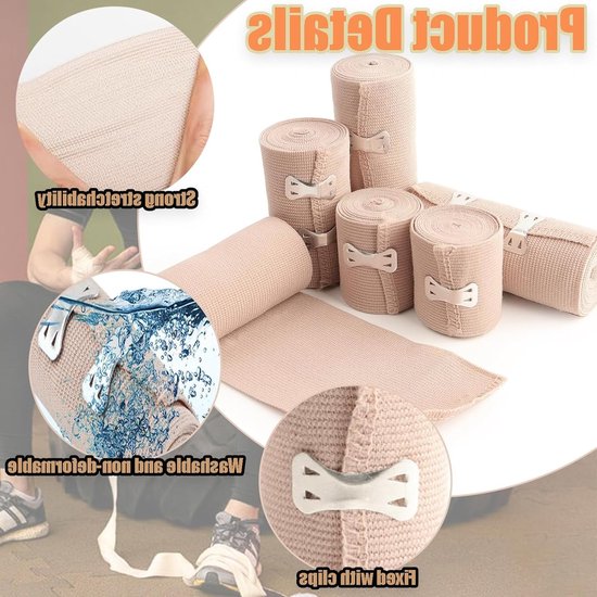 Set van 6 Elastische Compressiebandages met Metalen Clips voor Pols, Enkel en Knie - Ademend en Rekbaar Verband (5/7.5/10cm) — afbeelding 2