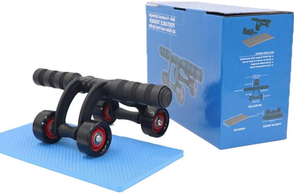 Buikspiertrainer met wielen - Ab roller - Buikspieren trainen - Vierwielige stabiliteit - Met remblokken - Zwart