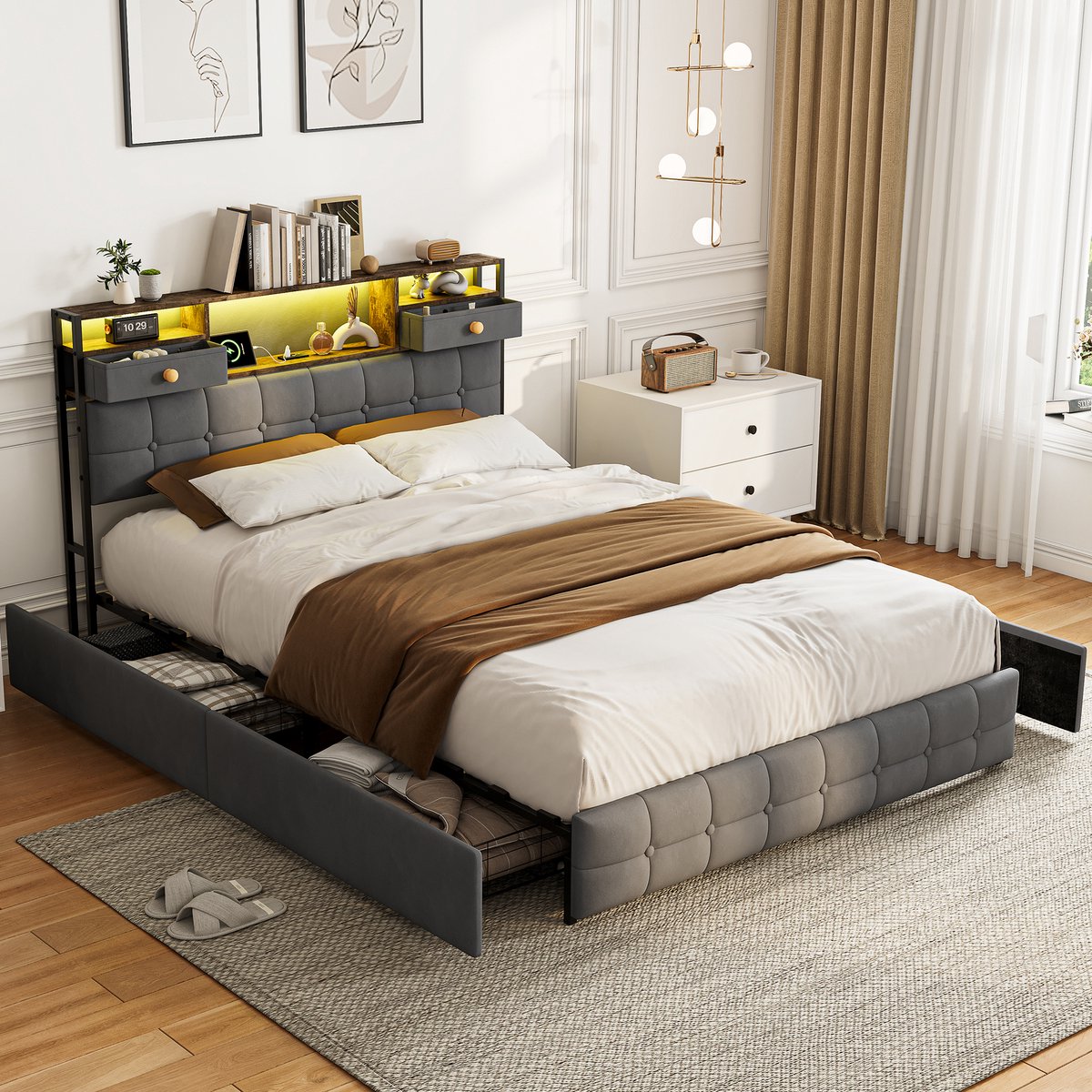 Solvenrik Velvet Bed 140x200 met LED & USB-C – Grijs Tweepersoonsbed