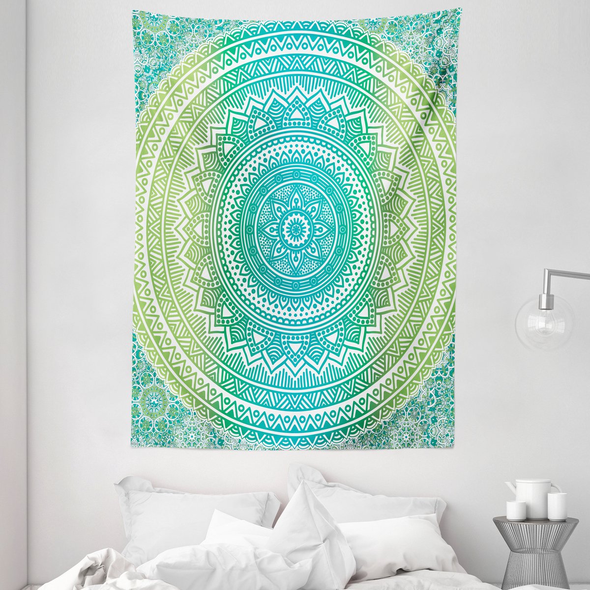 ABAKUHAUS Mandala Wandtapijt, Ombre-patroon, Woonkamer Slaapkamer Wanddoek Zijdezacht Satijn Wandtapijt, 150 x 200 cm, Teal Lime en Wit Teal Lime en White