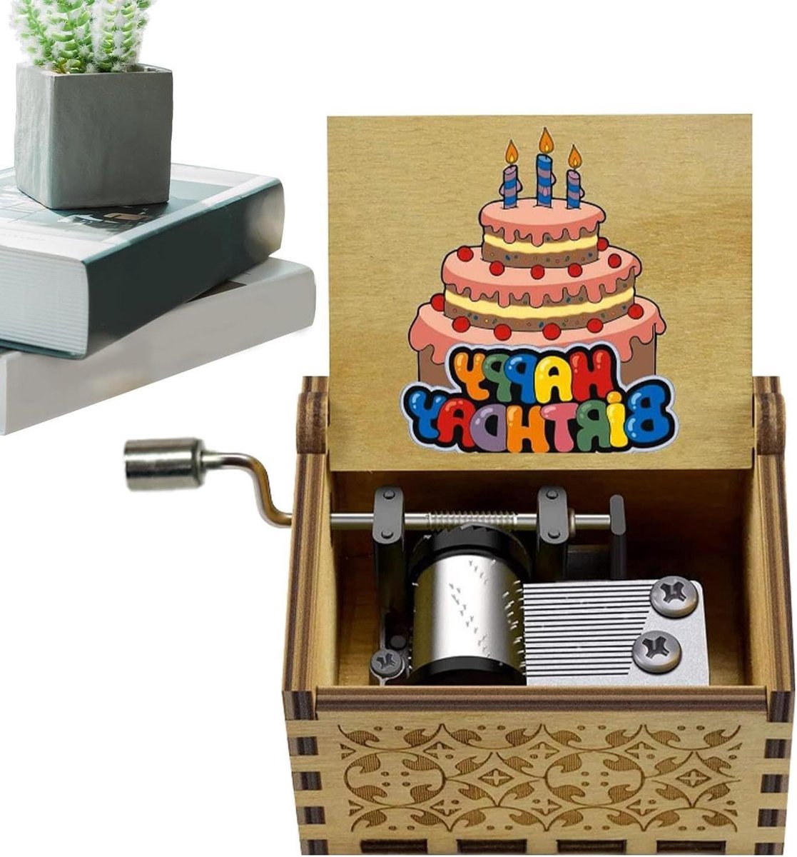 Houten Muziekdoos - Draaibare Doos - Verjaardag Vieren - Vintage Design - 65 x 52 x 42 cm - Multicolor