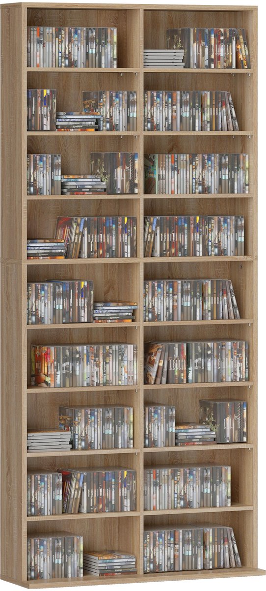 HOMCOM CD-opslagunit-Spaanplaat-78,5L x 24B x 175H cm-Natuurlijk hout