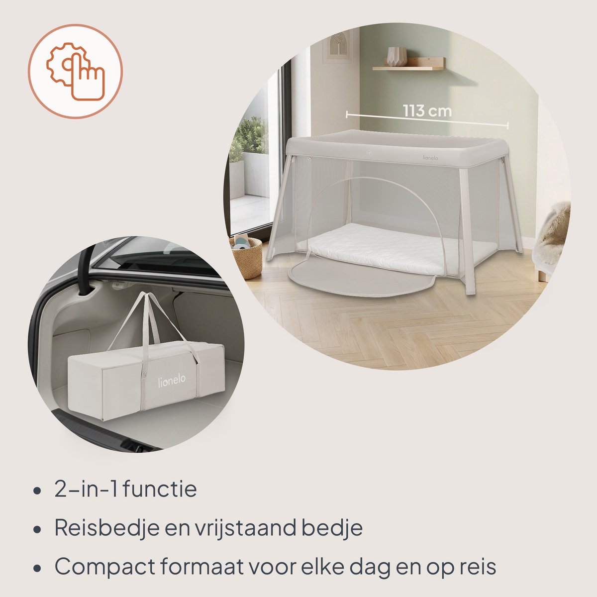 Lionelo Mila – 2 in 1 Reisbedje & Campingbed – Lichtgewicht – 2 Hoogteposities – 4 cm T25 Matras – 360° Mesh Ventilatie – Snel Compact Opvouwbaar – Zij-ingang met Rits – Inclusief Draagtas – Afneembare Wasbare Hoes – foto 4