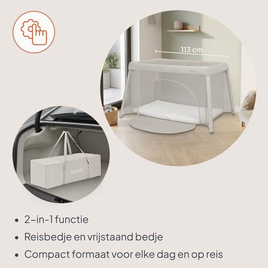 Lionelo Mila - 2 in 1 Reisbedje & Campingbed - Lichtgewicht - 2 Hoogteposities - 4 cm T25 Matras - 360° Mesh Ventilatie - Snel Compact Opvouwbaar - Zij-ingang met Rits - Inclusief Draagtas - Afneembare Wasbare Hoes van LIONELO — afbeelding 4