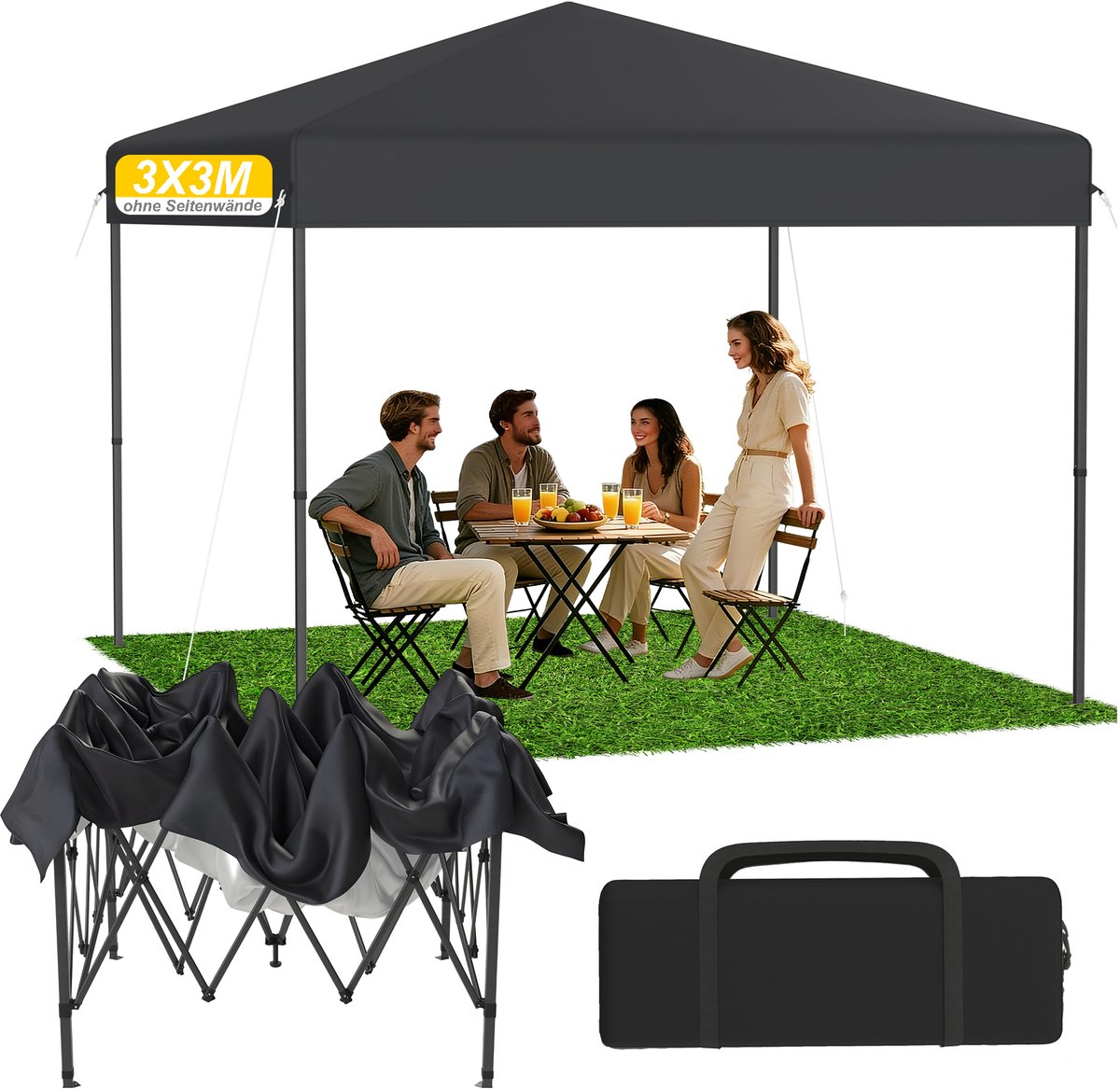 Froadp Antraciete 3x3 m pop-up partytent, inklapbare overkapping met snelle opzetfunctie (één druk op de knop), waterdicht & UV-bestendig, zonder zijpanelen, inclusief draagtas & grondpennen