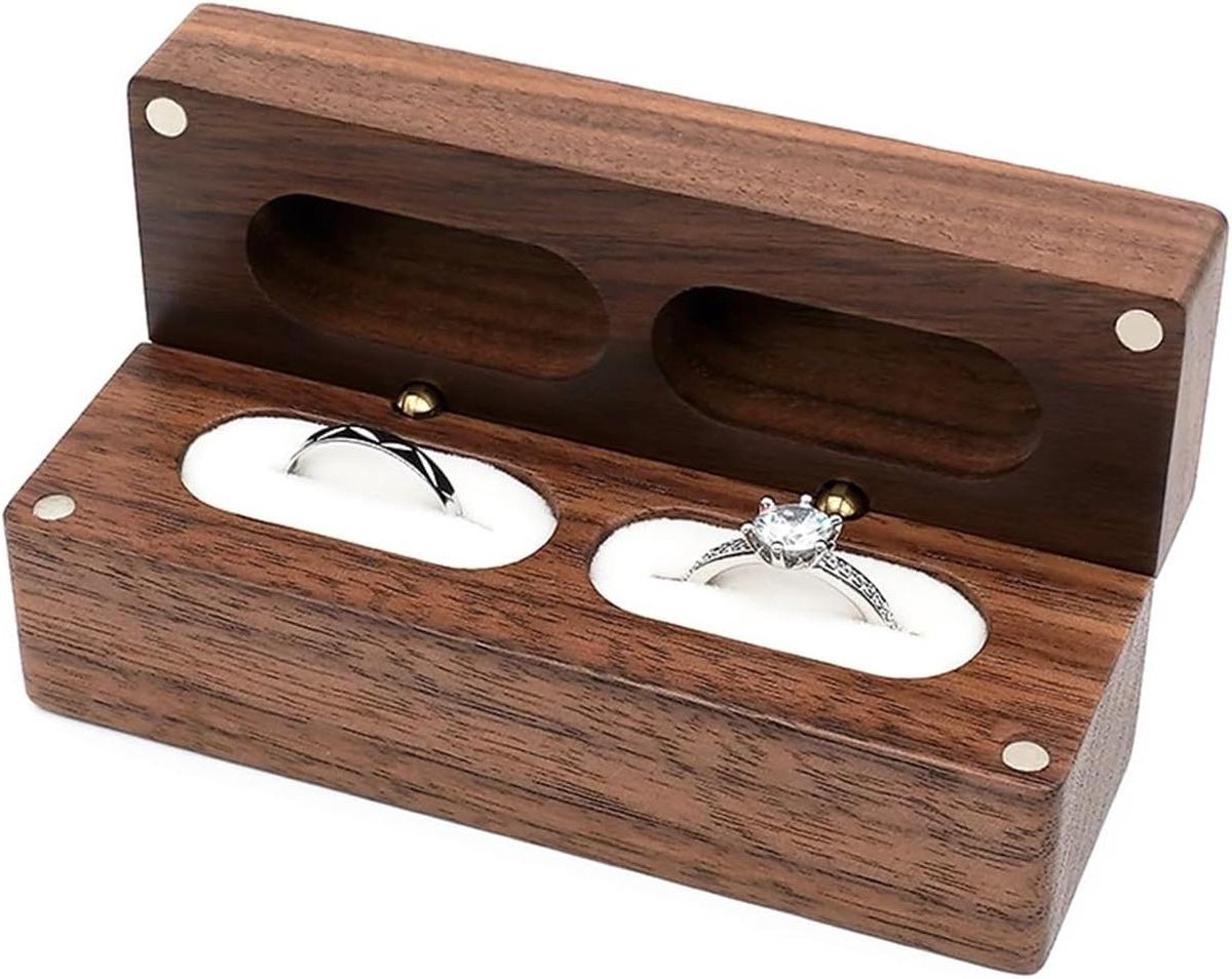 Houten Ringendoosje - Noten Hout - Sieraden Presenteren - Zachte Beschermende Voering - 10x10x10 mm - Wit