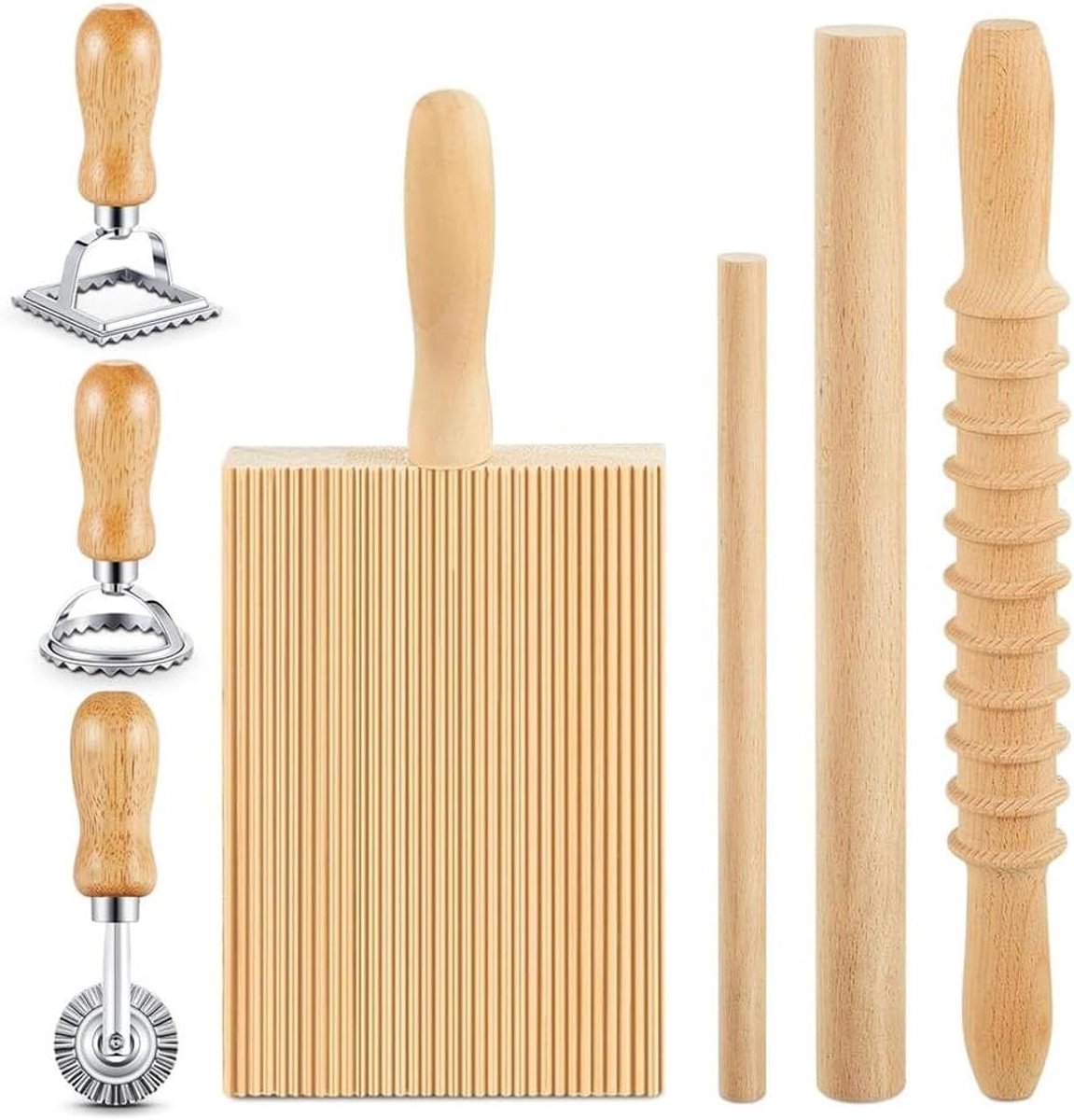 Pastamaker Set Deeg Gereedschap Huisgemaakte Pasta Hout en Metaal 7 Delen Natuurlijk