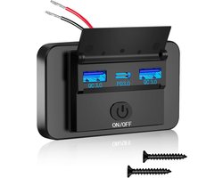72 W USB-laadbus 12 V autolader dual QC3.0 USB & PD3.0 type C mobiele telefoon snellader waterdicht met schakelaar voor 12 V / 24 V caravans, auto's, motorfietsen, vrachtwagens