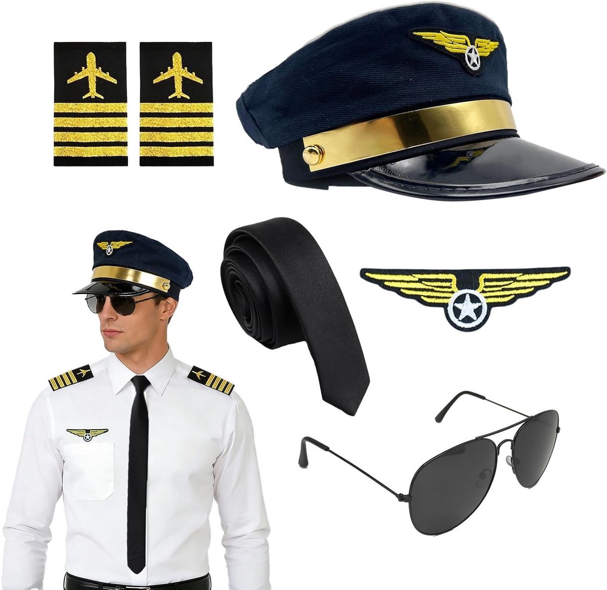 6-delige set met pilotenhoed en accessoires voor Halloween kostuum, inclusief bril, badge, stropdas en armband voor cosplay en feestkleding