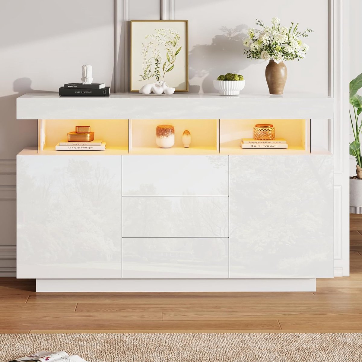 Luxe Hoogglans Acryl Dressoir met LED Verlichting en 3 Lades & 2 Deuren – Multifunctioneel Keuken-, Eetkamer- en Halmeubel 140 x 35 x 80 cm Wit