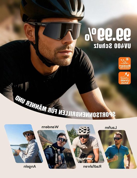 Verstelbare sportzonnebril met UV400 bescherming voor fietsen, hardlopen en e-biken, anti-fog en polariserend glas, zwart van Merkloos — afbeelding 3