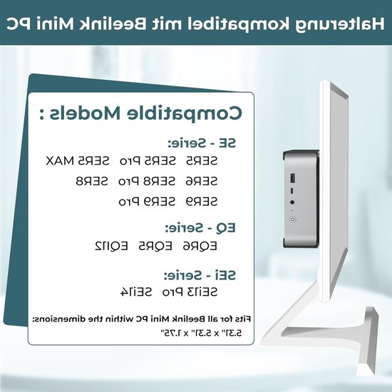 Metaal Mini PC Houder Geschikt voor Beelink SER8, SER6, SER9, SER9 Pro, EQi12, EQR6 - VESA Bevestiging voor Mini-PC's, Wandmontage en Ondersteuning van Merkloos — afbeelding 5