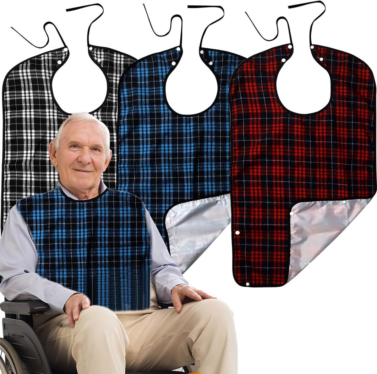 Set van 3 Waterdichte Volwassen Slabbetjes met Drukknoop en Vuilopvang - Herbruikbare Slabbetjes voor Mannen, Vrouwen en Ouderen