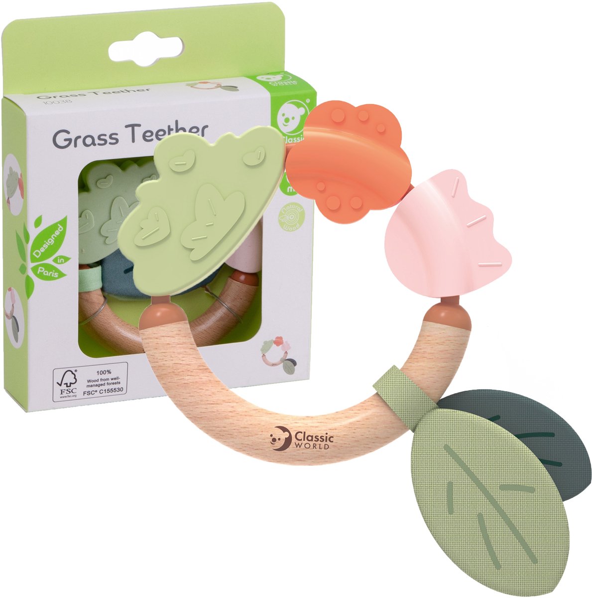 Classic World houten bijtring gras baby speelgoed siliconen.