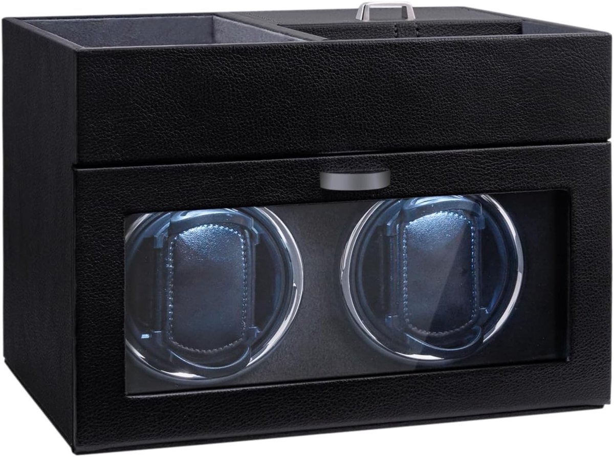 Multifunctionele Horloge Winder voor 2 Horloges, Automatische Horloge Display met LED Verlichting en Stille Motor voor Sieradenopslag en Rotatie