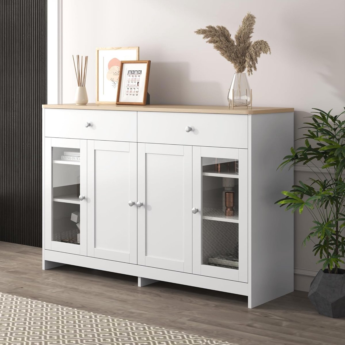 Norway Country Sideboard – Landelijk Dressoir met 4 Deuren, Glasfronten en 2 Lades (120 x 80 x 37 cm) – Wit & Eiken