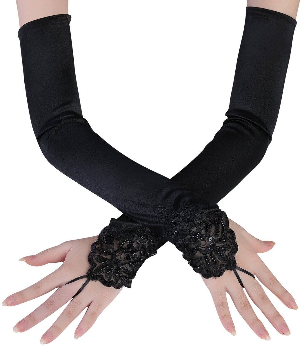 ONF3 - Satin Opera Gloves - Elegante lange handschoenen - Zwart - Perfect voor feesten en evenementen - Vintage stijl - Geschikt voor volwassene...