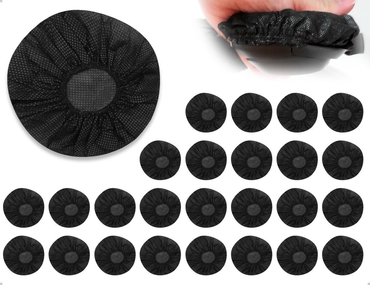 25 wegwerp hoofdtelefoonhoezen van non-woven materiaal, geschikt voor grote oorkussens van 10.2 tot 13.2 cm, zwart en duurzaam