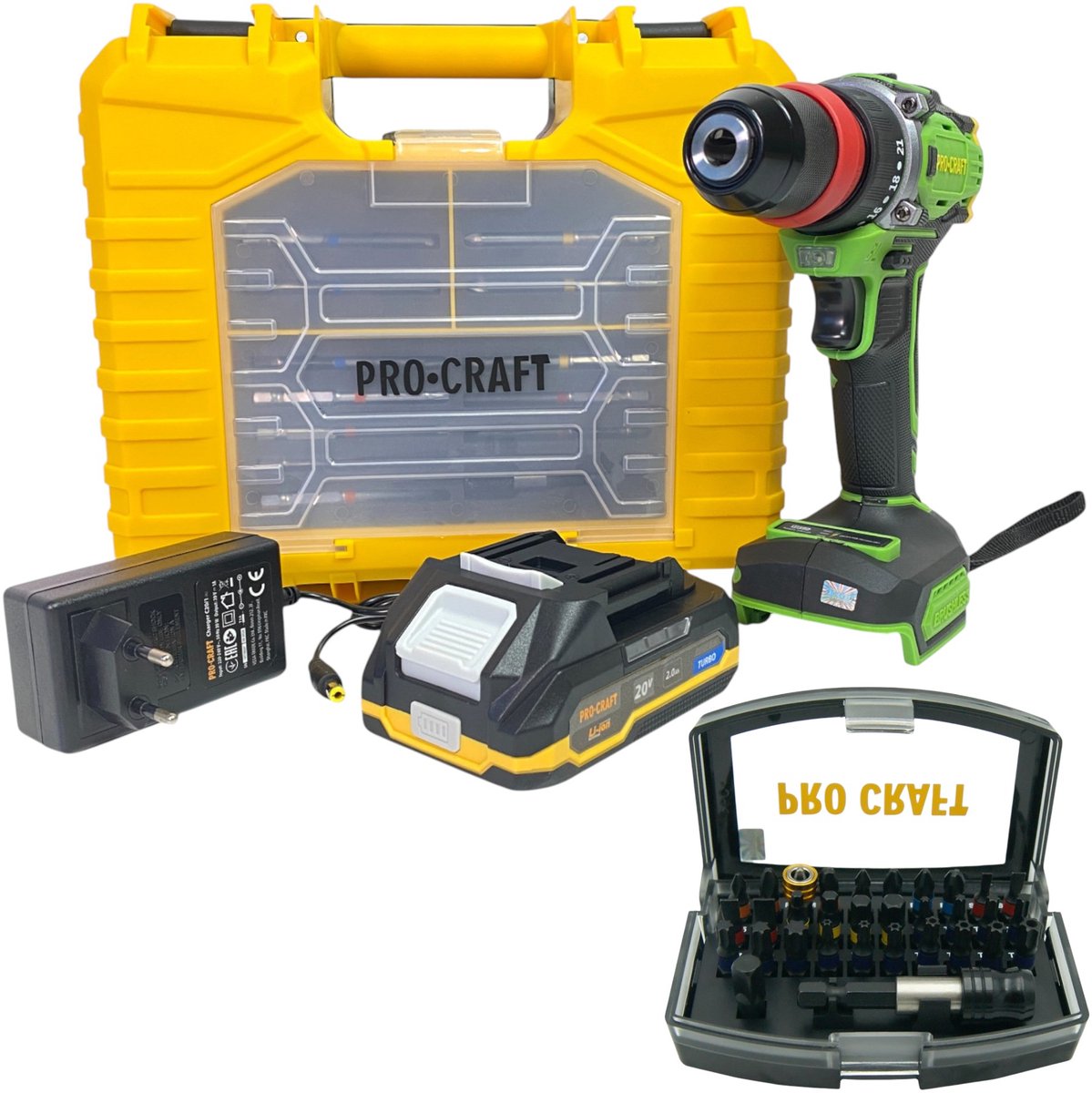 Procraft PA18ProDFR2-1B-C accuboormachine 20 V 30 Nm borstelloos + 1x accu 2,0 Ah + oplader + 13-delige bitset + koffer