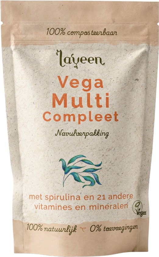 Laveen Vega Multi Compleet navulverpakking, 100% composteerbaar, met spirulina en 21 vitaminen.