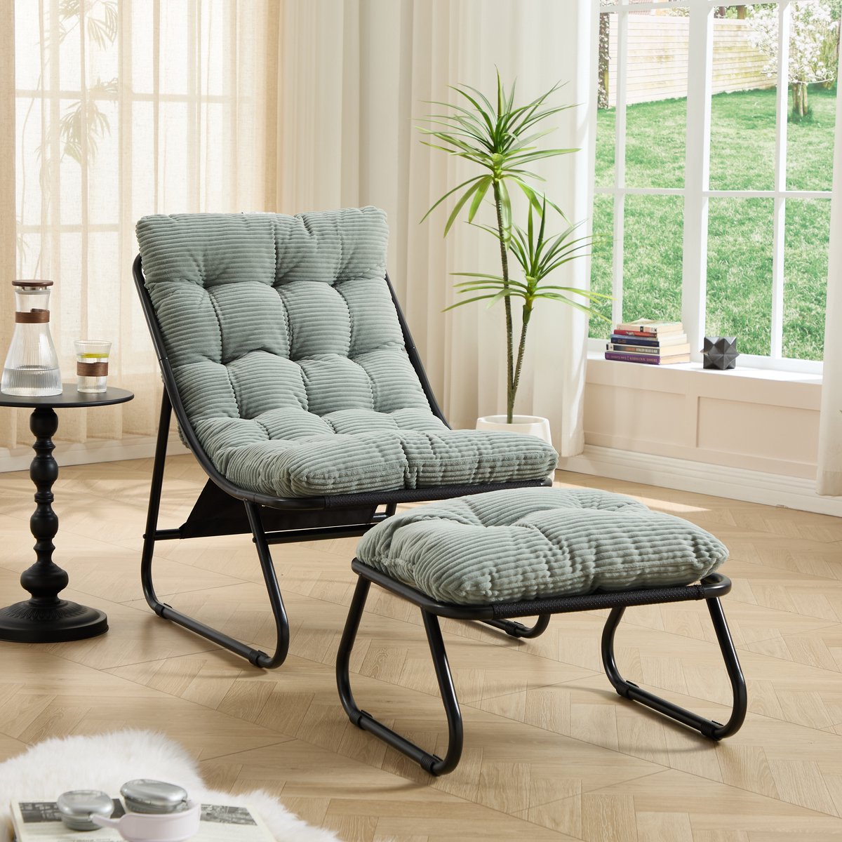 MIVRAY Loungestoel 65 x 78 x 86 cm - Met Hocker En Dik Kussen - Voor Woonkamer, Slaapkamer En Tuin - Staal Lichtgroen